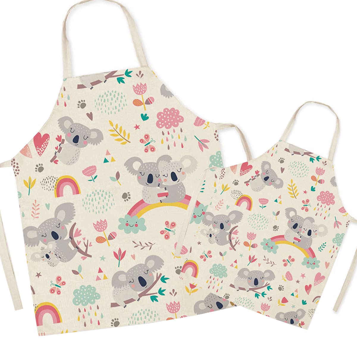 FOMAISELF Linen Parent and Child Cooking Apron - Cute Koala Pattern Mum and Kids Apron, Mummy Son Daughter Aprons for Cooking Baking Painting Party — image 1