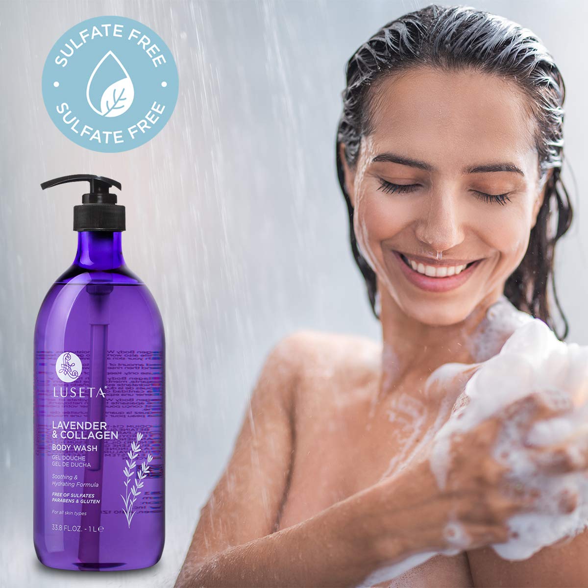 Luseta Lavender and Collagen Body Wash 33.8oz, Lightly Scented Daily Moisturizing Body Cleanser to Soothe & Relax