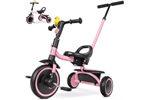 RIDYEE Tricycle for Toddlers 18 Months to 5 Years with Removable Push Handle, Tricycles for 3-5 Year Olds Ideal for On-The-Go Families, Adjustable Carry-Friendly Seat, Pink