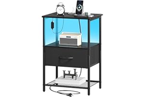 Somdot Black Nightstand with Charging Station and LED Light for Bedroom, Bedside Table End Table for Dorm Bedside Laundry Clo