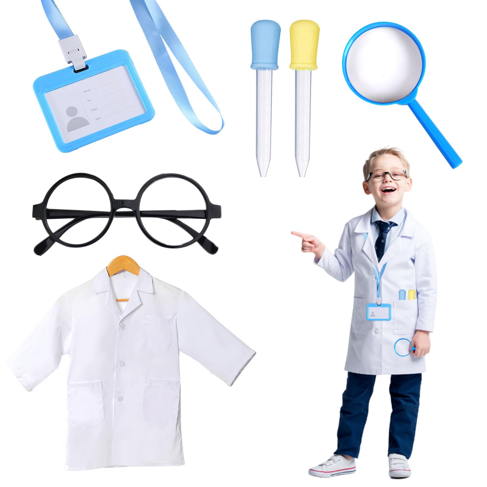 TUONYIS 6 Pcs Kids Scientist Costume Set, Kids Lab Coat with Dropper Glasses Work Card Magnifier, Boys Girls Scientist Doctor Role Play Set, White