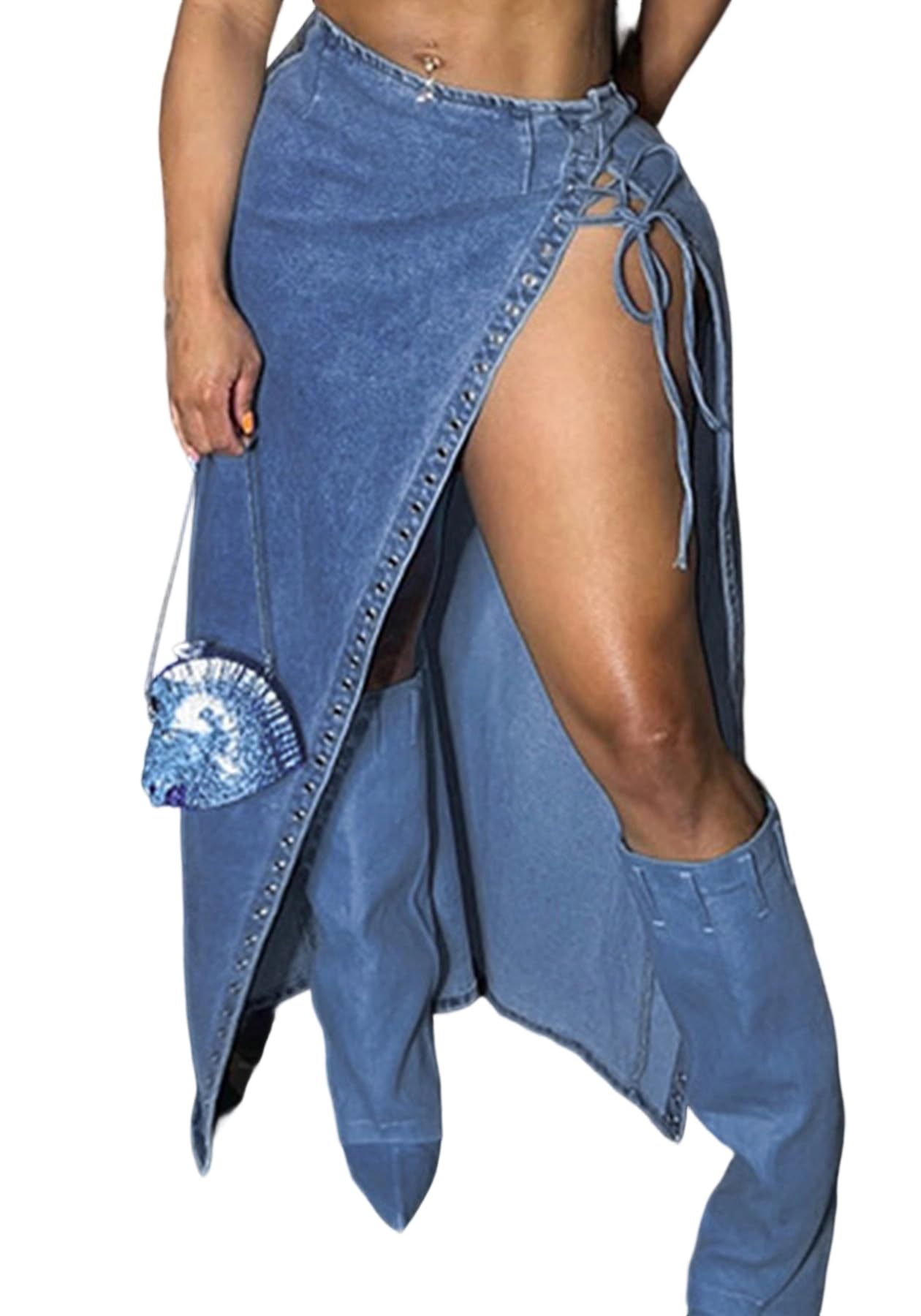Photo 1 of Tbahhir Womens High Slit Denim Skirt Button Down Vintage Jean Skirts Long Washed Clubwear Blue