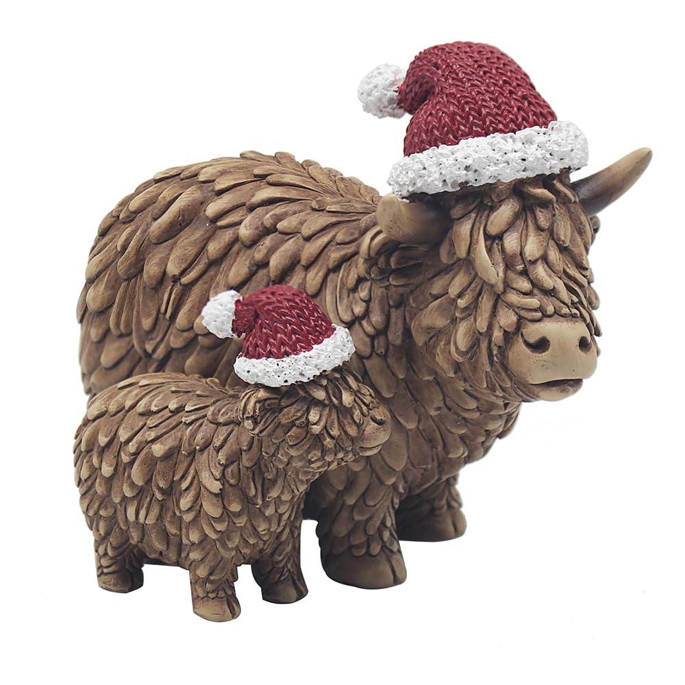 Lesser & Pavey Christmas Highland Cow & Baby Figurine with Santa Hat - 19cm x 14cm - Gift Idea for Christmas Christmas Decoration Highland Cow Themed Décor Perfect for Home Kitchen Tabletop UK Design