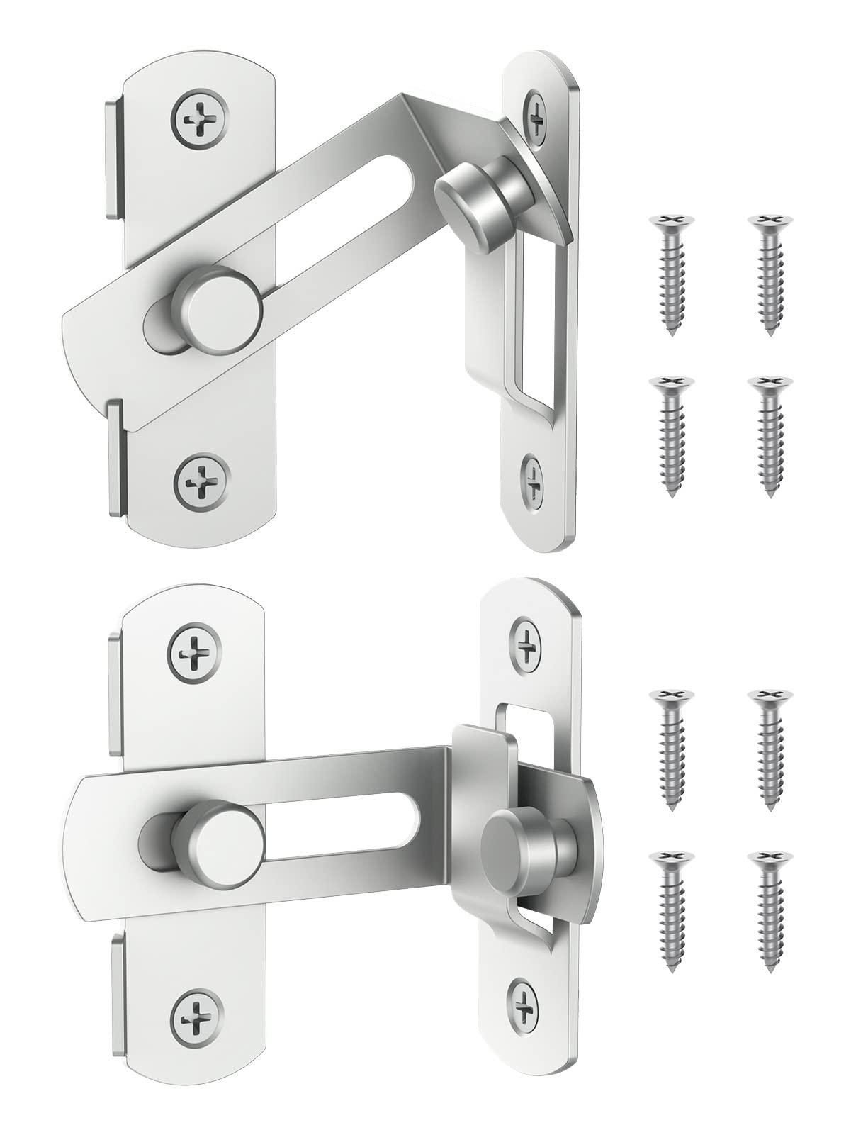 MeBantoo 90 Degree Flip Barn Door Lock, Safety Stainless Steel Lock Latch for Right Angle Curved Door, Garden, Garage, Wine Cabinet, Closet (2 Pack Silve)