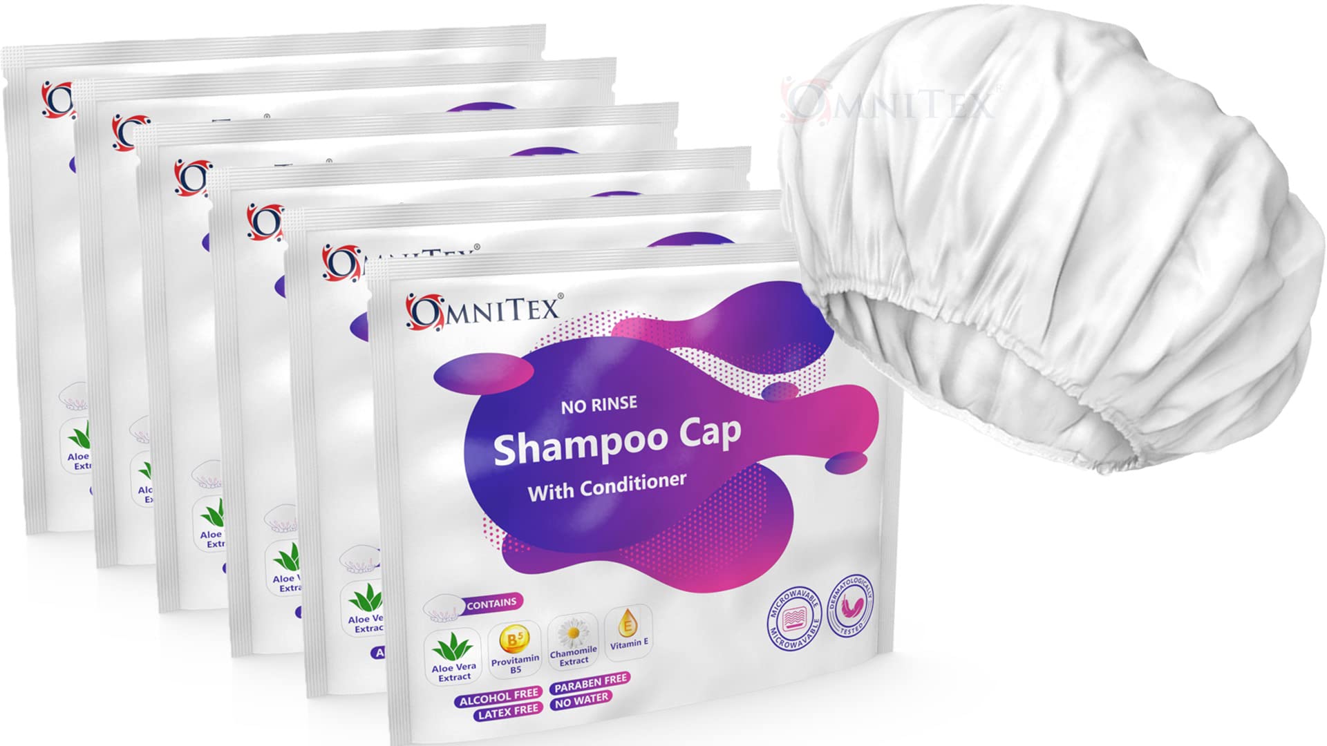 6pk Omnitex Premium Rinse Free Shampoo Cap - Microwaveable | with Conditioner & Vitamins | Nourish & Protect with Herbal Extracts & Barrier Cream | No Water, No Parabens, Latex Free, Alcohol Free