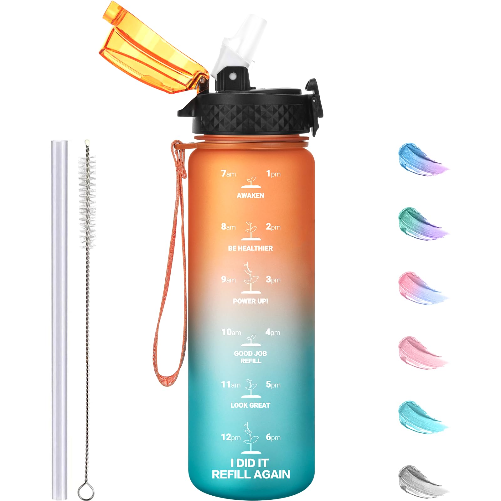 GOPPUS 500ml/17oz Kids Water Bottles with Straw Tritan Childrens Bottle with Flip Top Lid BPA Free Measured Drinks Bottle with Strap Sports Reusable Time Markings Leakproof (Orange Green) — image 1