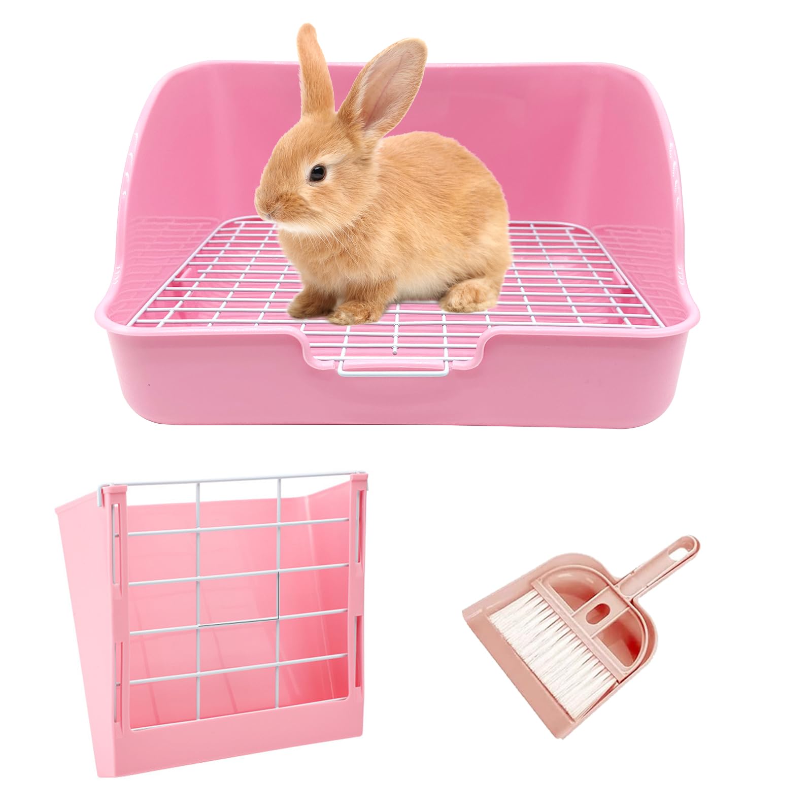 Photo 1 of WEWAYKGJ Rabbit Litter Box Bunny Potty Box Guinea Pig Hay Rack Feeder Rabbits Corner Litter Pan Potty Trainer Pet Toilet with Cleaning Set for Hamster, Guinea Pig, Ferret and Other Animals (Pink)