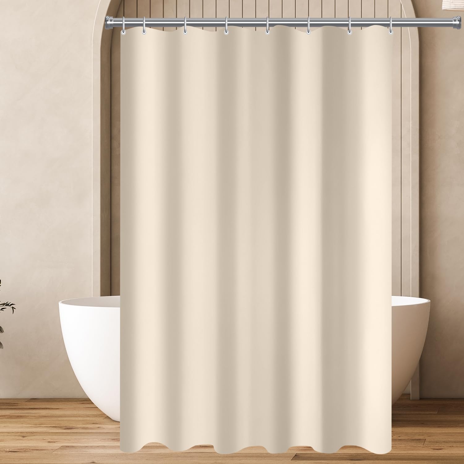 Lerores Shower Curtain 100 x 190 cm Beige Weighted Hem Anti-Mould Waterproof Washable Polyester Fabric for Bathroom Tub with 8 Shower Curtain Rings
