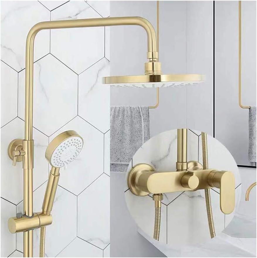 TANGAN Luxury Shower System Gold Rainfall Shower Mixer Set with Slide Bar Wall Mounted Shower Set Cold and Hot Mixer Shower Taps with Round Rain Shower Head, Handheld Shower,Golda