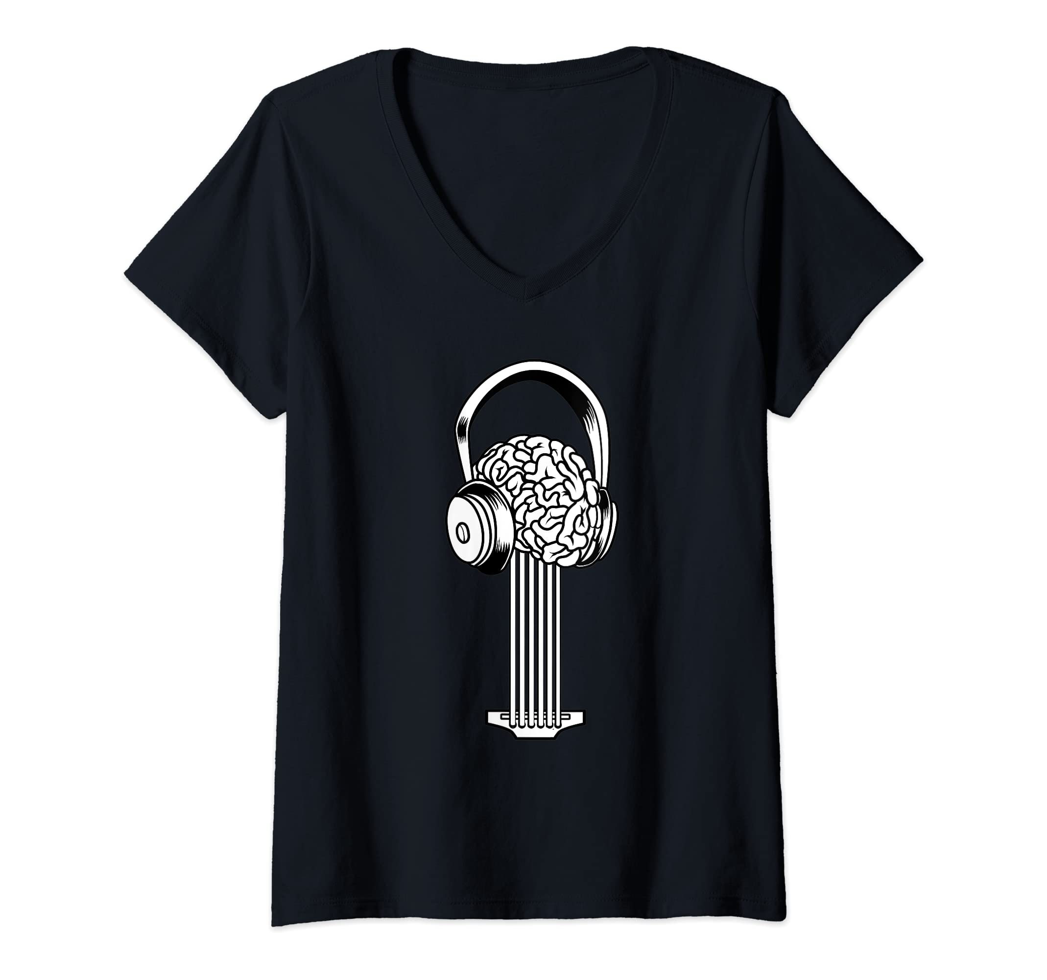 Womens Electric Guitar - E-Guitar Rock Guitarist Brain Headphones V-Neck T-Shirt