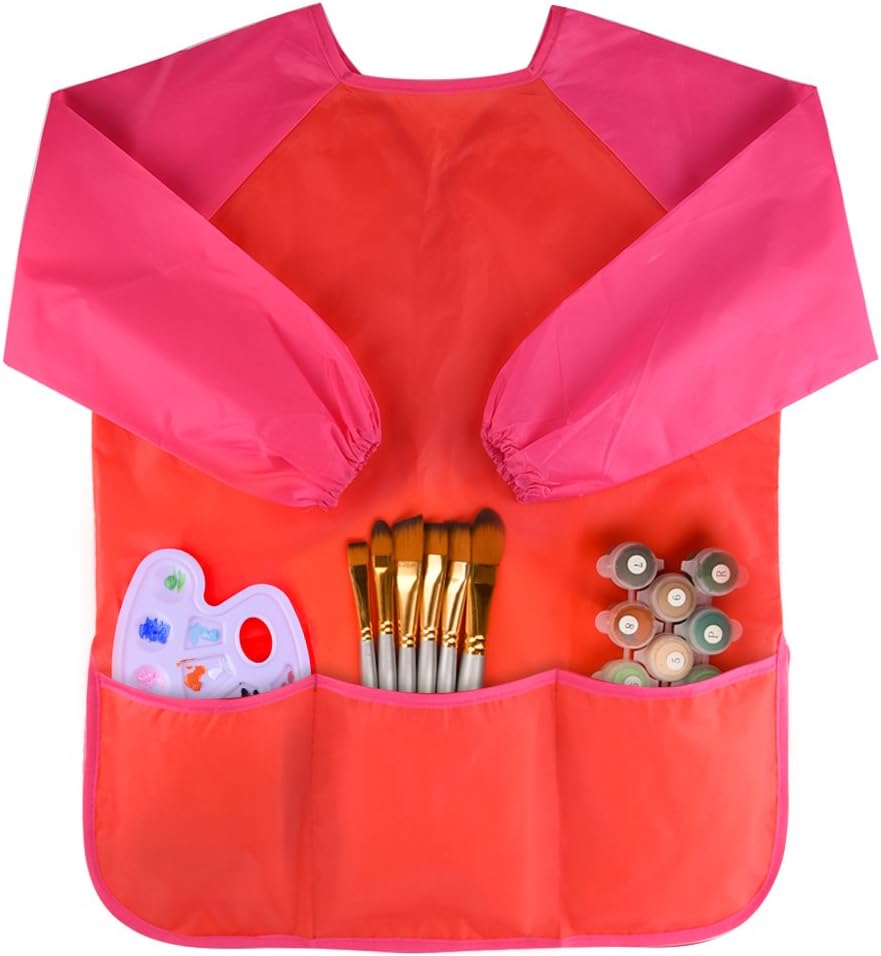 Kuuqa Childrens Kids Toddler Red Waterproof Play Apron Smock with 3 Roomy Pockets, Painting, Baking, Cooking, Smock