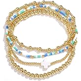 Bohxantium Gold Ball Colorful Cross Beaded Bracelets for Women Boho Stretch Stackable Seed Bead 14K Gold Plated Beads Christian Bracelet Stack Trendy Dainty Jewelry Prom Christian Gift for Women