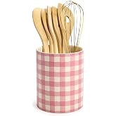 Paris Hilton Kitchen Utensils Tool Crock Set, Bamboo Cooking Tools with Gold-Finish Stainless Steel Whisk and Ceramic Stoneware Utensil Holder, Gingham Design, 7-Piece, Pink
