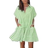 chouyatou Women Summer Beach Short Sleeve Striped Shirt Dress Button Down Tiered Mini Tunic Babydoll Dress