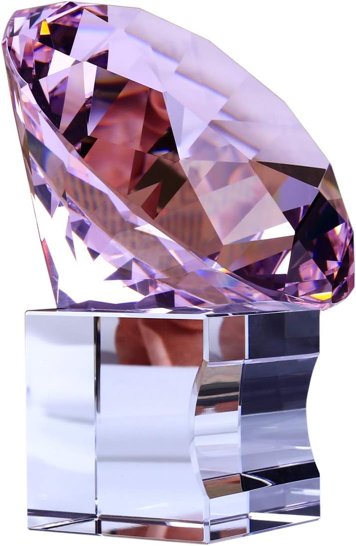 YWHL 80 mm Crystal Glass Diamond Paperweight with Glass Stand Home Decor/Office decorationfor (Pink)