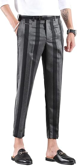 Amazon Shuming ストライプ パンツ メンズ スリム 九分丈 スキニーパンツ ストライプ柄 アンクル ファッションスラックス 細身 ビジネス おしゃれ ロングパンツ 通勤 黒 夏 ロングパンツ 通販