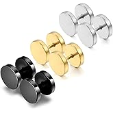 Cupimatch 3Pairs 3mm-12mm Screw Stud Earrings Mens Stainless Steel Cheater Fake Ear Plugs Gauges Illusion Tunnel, Black/Silver/Gold for Valentine's Day