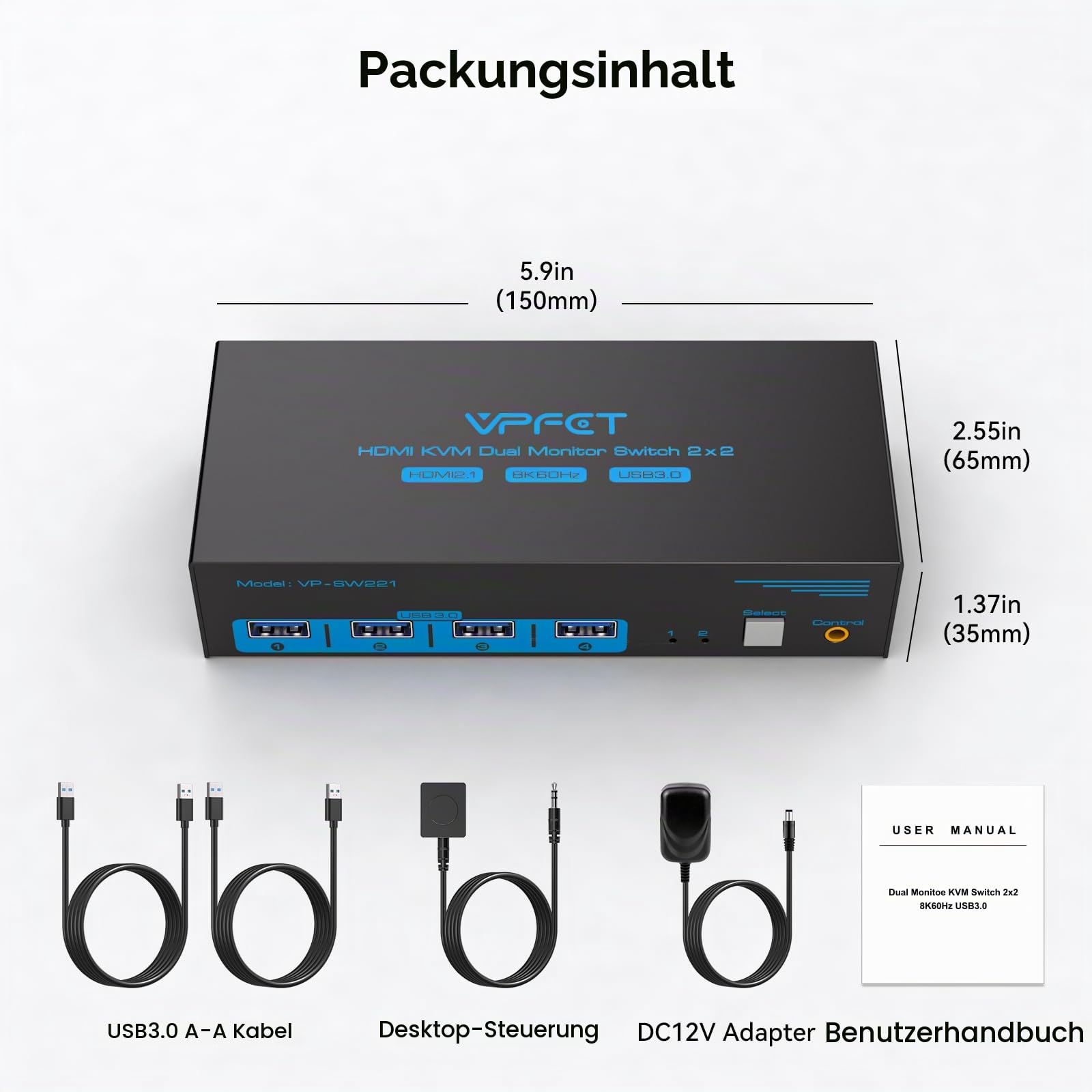 VPFET HDMI KVM Switch 2 PC 2 Monitore 8K60Hz USB 3.0 KVM-Switches für Zwei Computer teilen sich Dual Monitor und Vier Peripheriegeräte Support Erweiterungsmodus & Kopiermodus mit Desktop-Controller 7