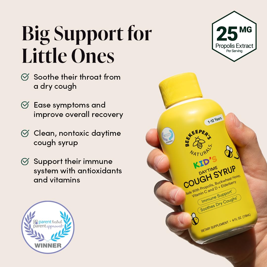Beekeeper's Naturals Propolis Honey Cough Syrup Daytime for Kids Immune Support with Elderberry, Vitamin C, Vitamin D & Raw Honey - Throat Soothing - Gluten Free & Clean Ingredients, 4 oz.