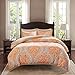 Comfort Spaces – Coco Duvet Cover Mini Set - 3 Piece – Orange and Taupe – Printed Damask Pattern With Corner Ties – Full/Queen size, includes 1 Duvet Cover, 2 Shams