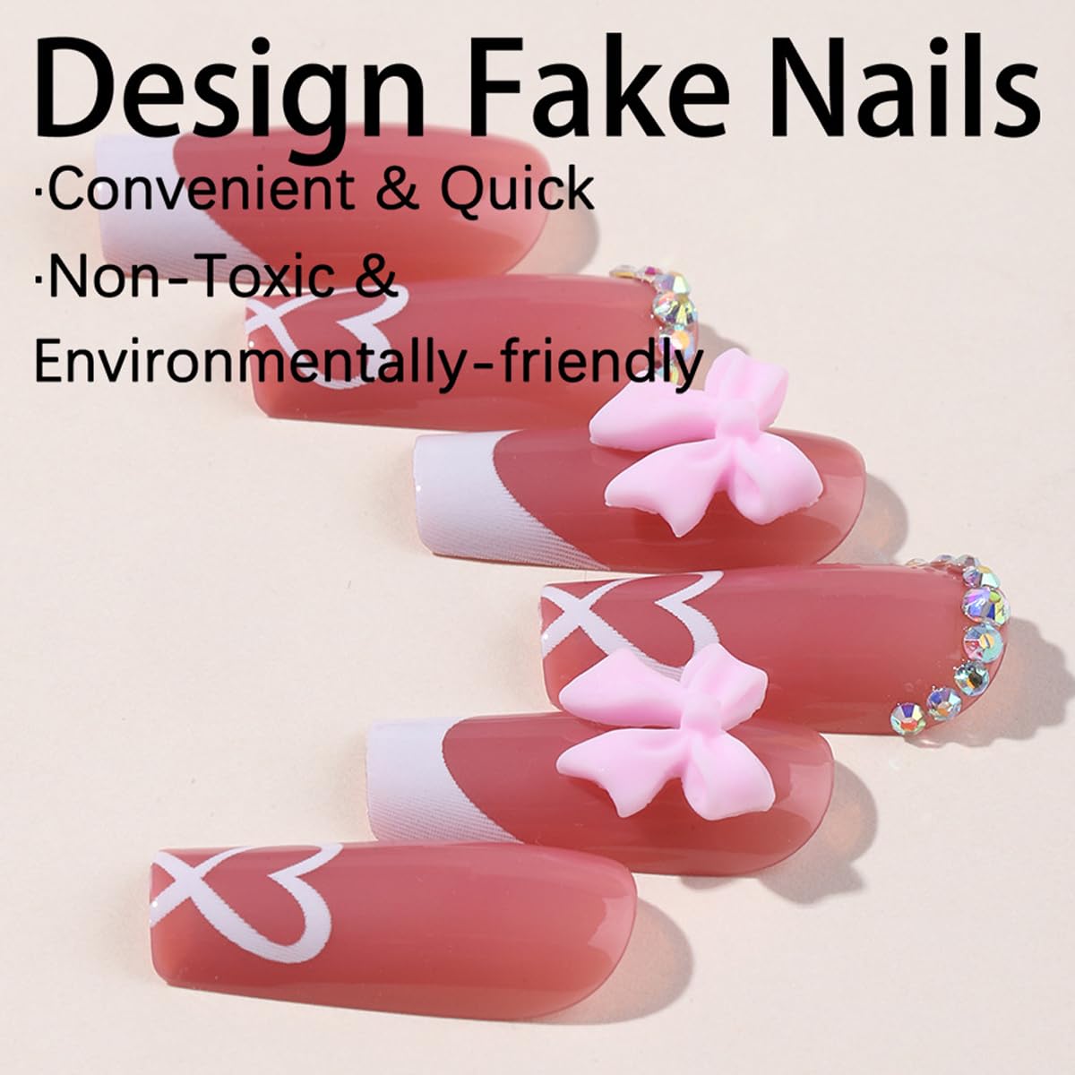YKZFUI French Tip Press on Nails with Charms Medium Fake Nails White French Nails Press ons Cute Bow Stick on Nails Long Square Shape Acrylic Nails Heart Nails Rhinestones Nails for Women Daily Wear - Image 3