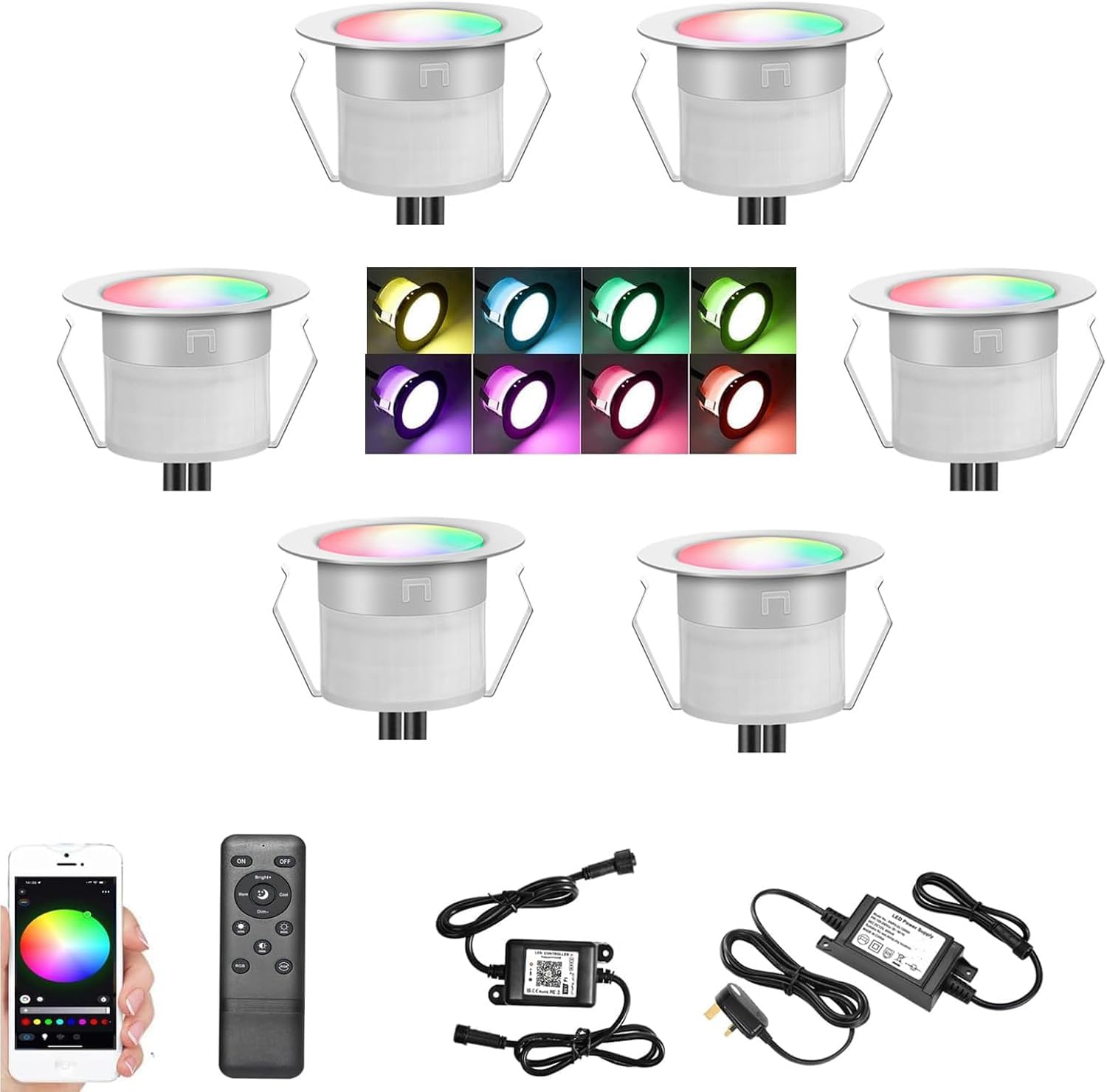 GEYUEYA Home LED Decking Lights, Ø31MM RGBWW(Warm White+RGB) WiFi Phone Control Low Voltage Recessed Deck Lamp In-ground Lighting for Terrace Patio Path Wall Garden Decoration - 6 Packs