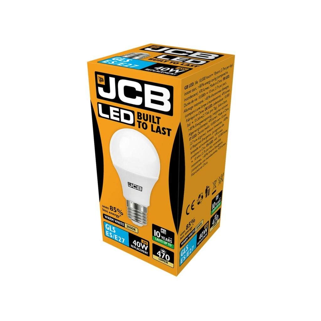 JCB LED 4.9w (40w), E27 Edison Screw, 3000k Warm White GLS Opal (Frosted) Household Light Bulb