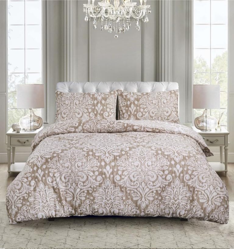 PRIME LINENS Duvet Cover Set 4 Pcs Brushed Microfibre Quilt Cover Bedding Set With Pillow Cases and Extra Fitted Sheet Included (Royal Damask Beige, Double) — image 1