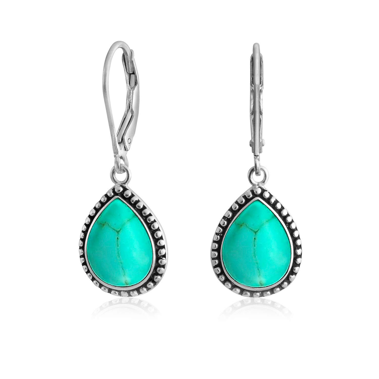 Boho Western Style Blue Stabilized Turquoise Semi Precious Pear Shaped Teardrop Lever Back Dangle Drop Earrings For Women Teen Oxidized .925 Sterling Silver — image 1