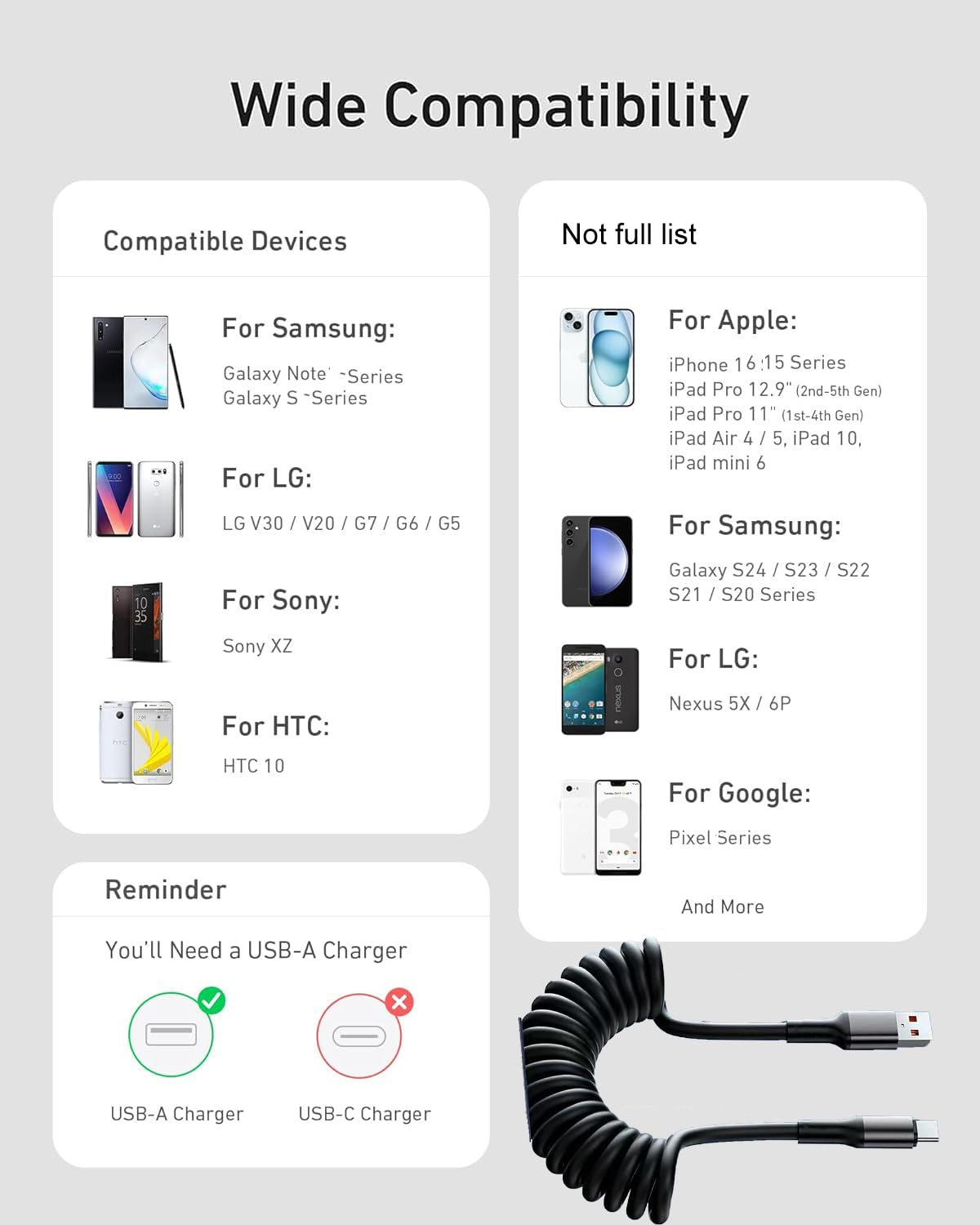 USB to USB-C Cable 5 ft, iPhone 16e Retractable Fast Charging Cord, USBC Coiled Spring Cable for iPhone 16 Pro Max 15 Plus, Samsung Galaxy S25 Ultra, Pixel 9A 9 Pro Android Auto Apple CarPlay