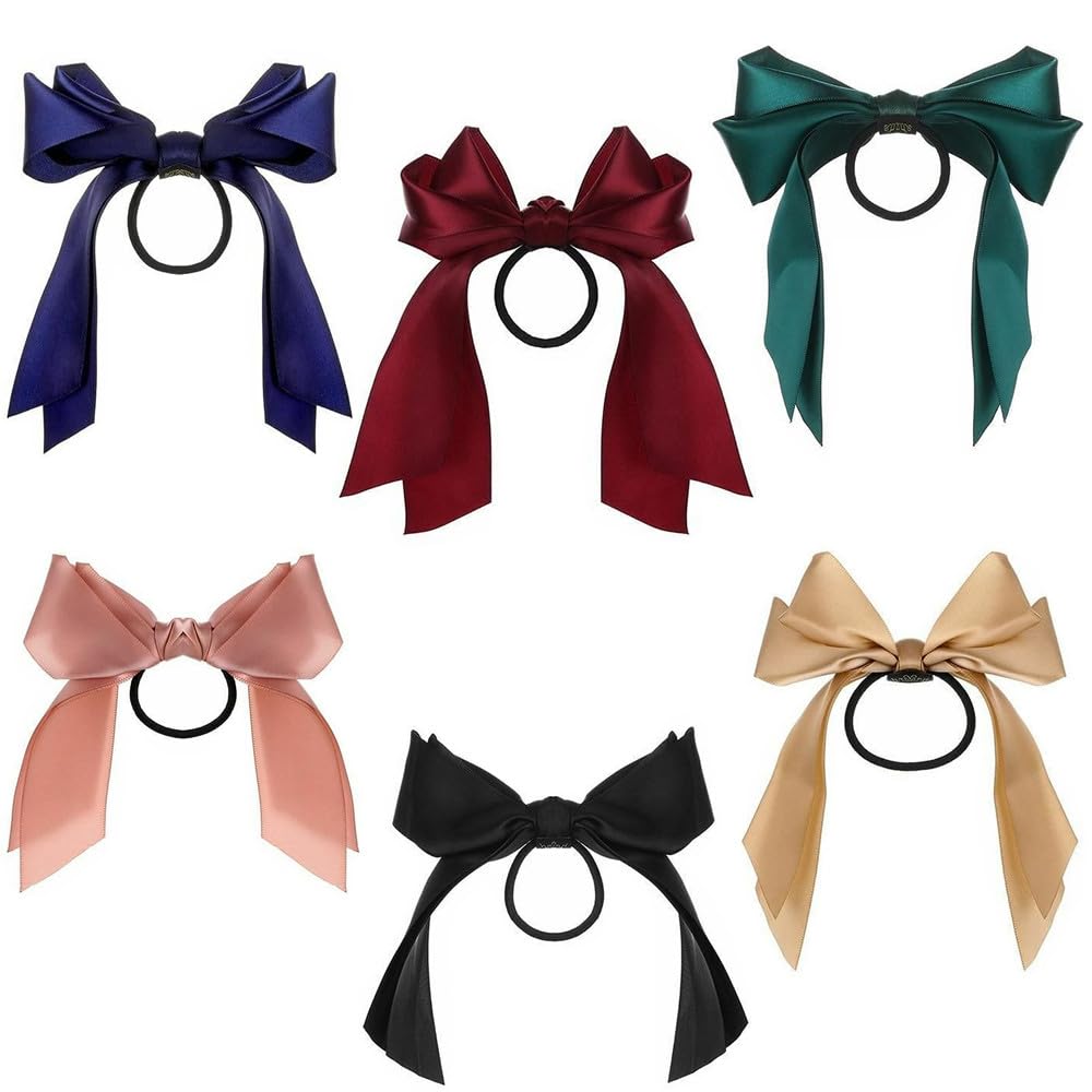 TRIXES 6 x Satin Hair Bows Ribbon Elasticated Hair Ties – School or Party Hair Accessories