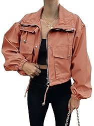 Tankaneo Womens Cropped Jacket Zip Up Lightweight