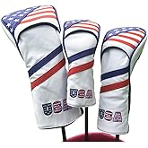 US Flag Golf Headcovers Set for Driver, Fairway Woods and Hybrids | 3pcs Golf Club Covers - Golf Driver Headcover, Fairway Wood Cover, Hybrid Cover fits for Taylormade, Ping, Adams All Brand