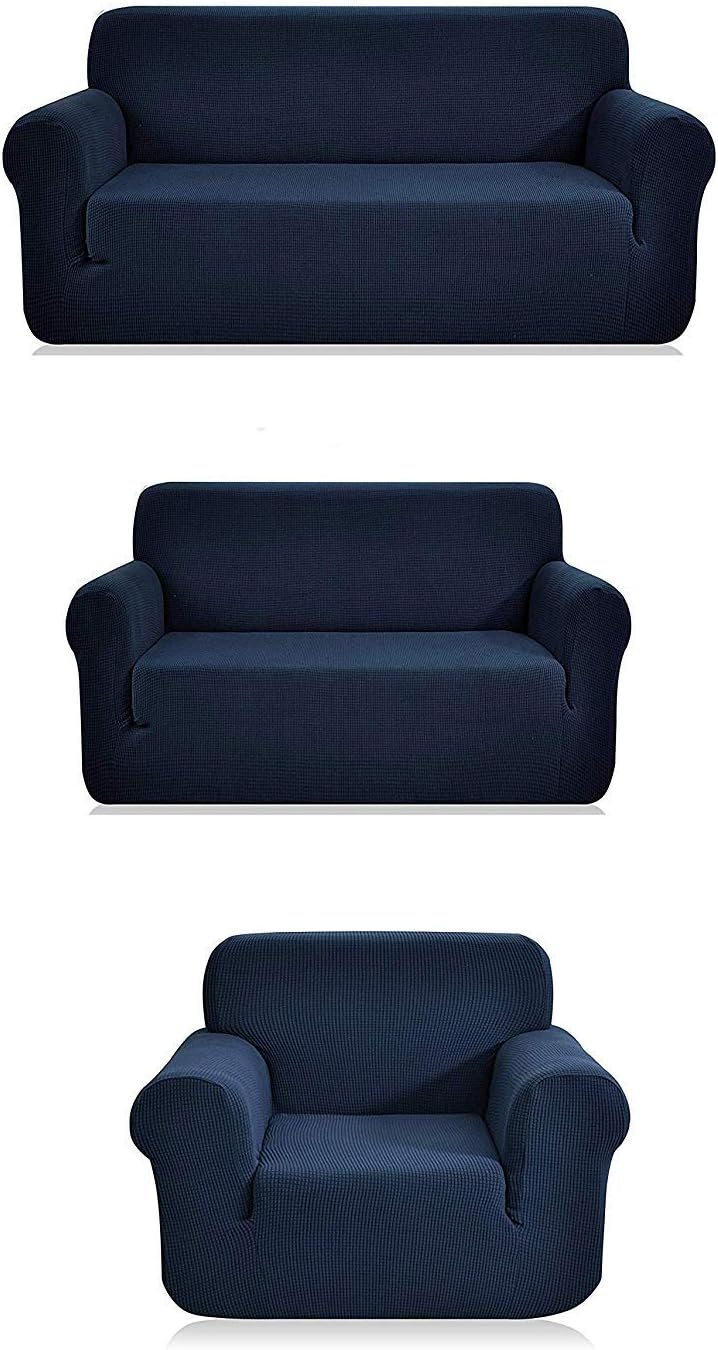 Luxury Home Collection Stretch Fabric Slipcover Set Solid (Navy Blue, 3 Pce (Sofa+Love-Seat+Chair))