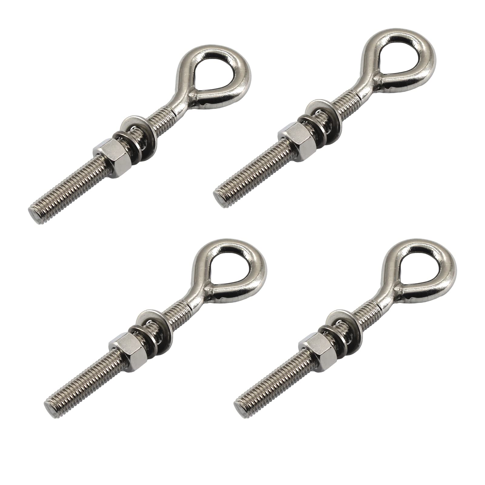 4Pcs M10 Stainless Steel Eye Bolt with Nut and Washers Long Shank Threaded Rod Ringbolt Closed Ring Eyelet Bolt
