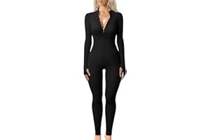 AGSEEM Women Jumpsuits Yoga Workout Ribbed Long Sleeve Sport Jumpsuits With Zipper Dressy Casual