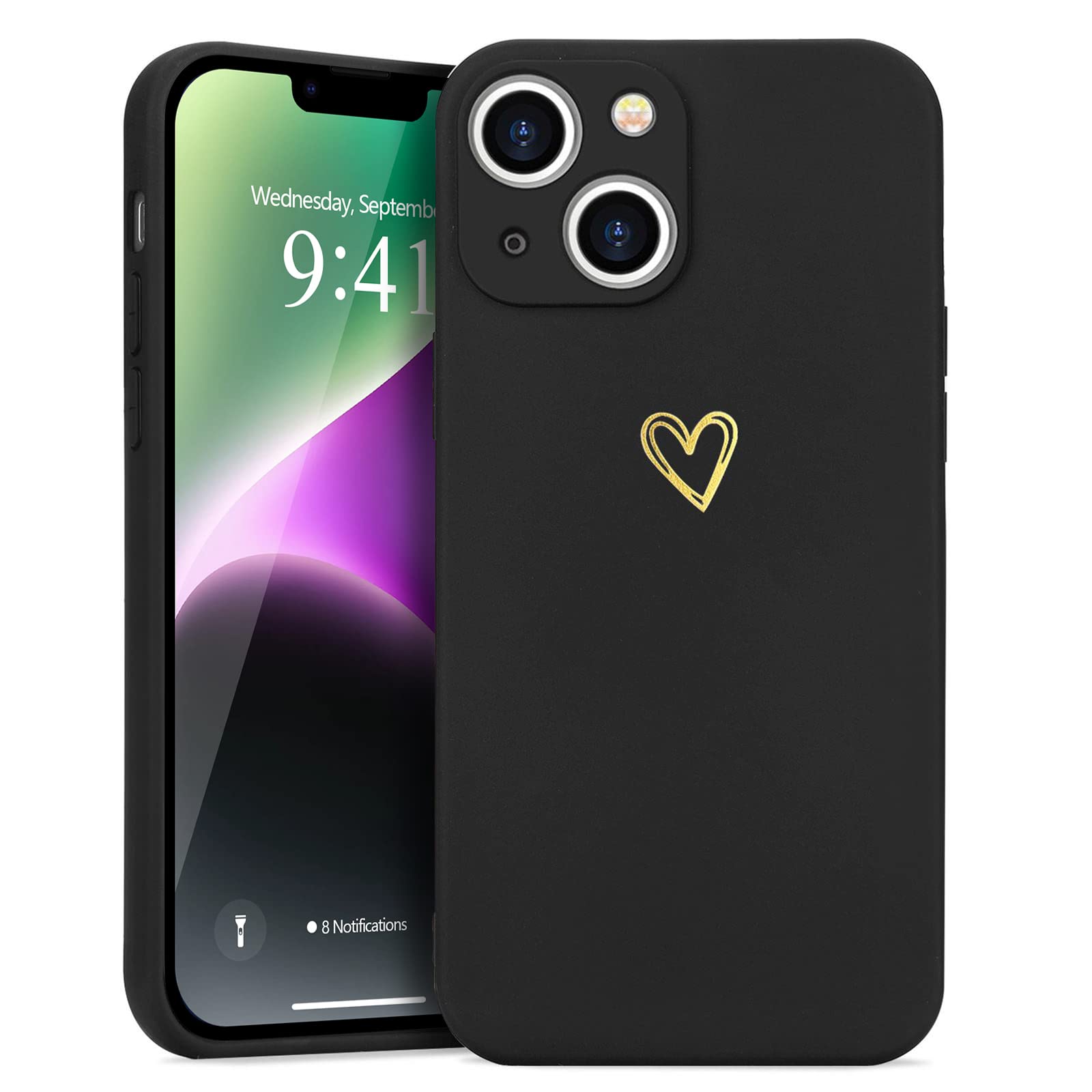 Wirvyuer Compatible with iPhone 14 Plus Phone Case Cute Gold Heart Pattern Protective Shockproof Soft Liquid Silicone Case for Women Girls Slim TPU Bumper Black Cover — image 1