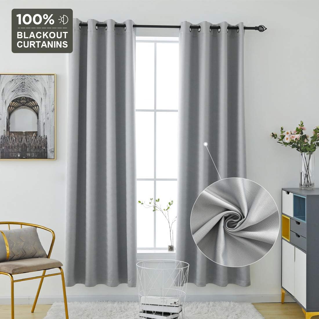 Plaid Textured Blackout Curtains for Living Room Grommet Blackout Draperies Room Darkening Thermal Insulated Noise Reducing Short Window Panel 42×45 Inch Length Grey 1 Piece