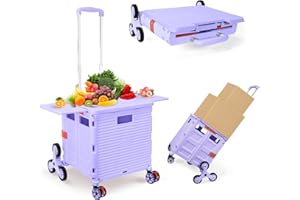ZIYOU LANG Foldable Utility Cart with Stair Climbing Wheels,Collapsible Rolling Crate with Magnetic Lid Telescopic Cover,Telescoping Handle,360° Rotate Wheel Hand Cart for teacher Shopping Moving Grocery(Purple)