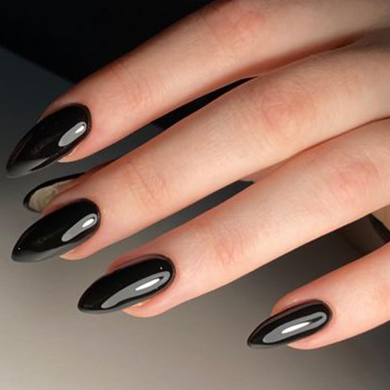 GLAMERMAID Black Press on Nails Medium Almond, Neutral Jelly Gel Glossy Emo Fake Nails Stiletto, Pure Dark Short Oval Stick Glue on Nails Tip for Women, Reusable Acrylic Daily False Nail Manicure Kit - Image 4