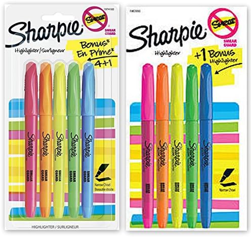 Value Pack Sharpie Assorted Highlighters, Narrow Chisel Tip, 5 Per Pack, 2 Packs Total, 2 Each of Pink, Orange, Yellow, Green and Blue (1963990)