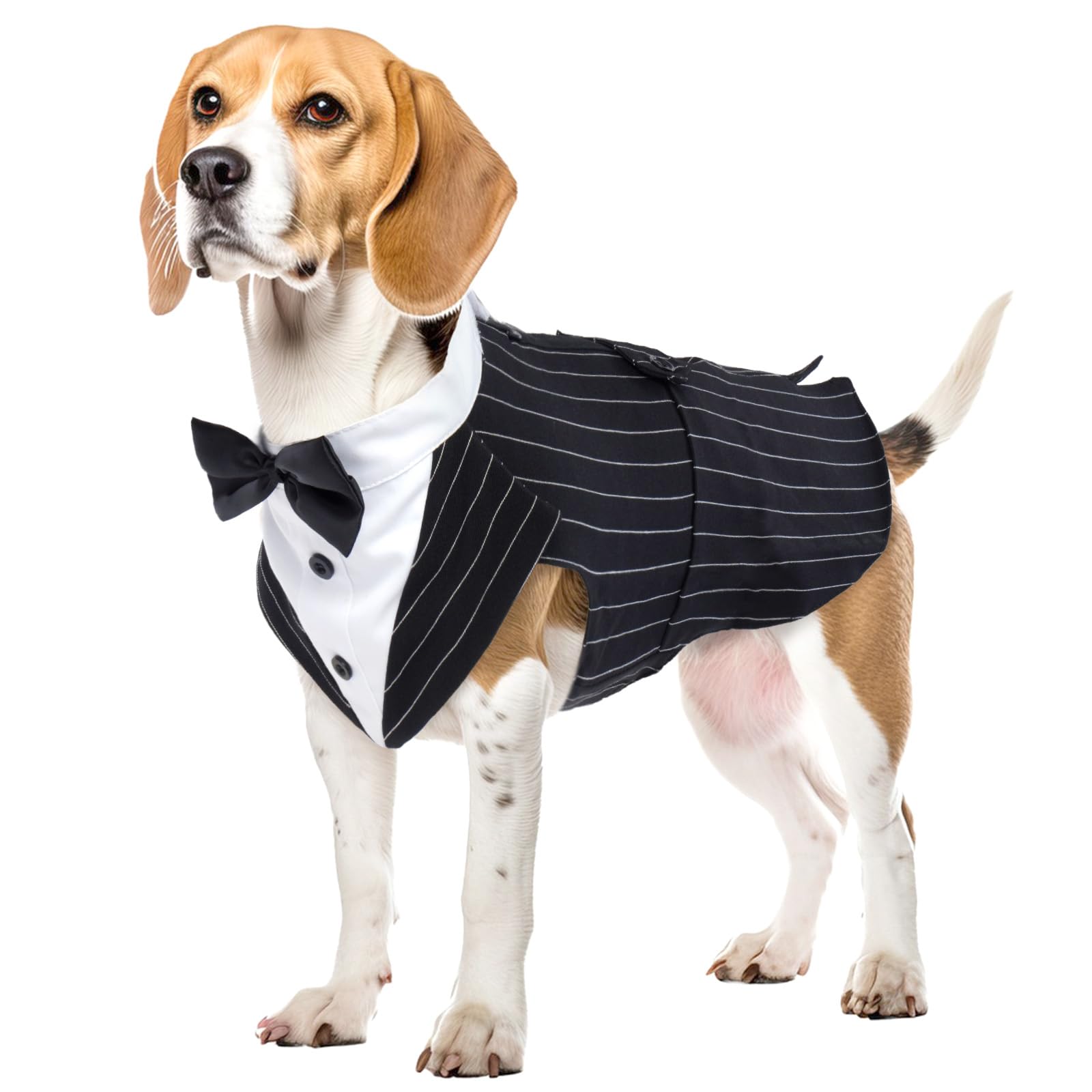 Dog Tuxedo Suit, Dog Clothes Coton Wedding Party Costume Puppy Formal Outfit Festival Shirt Coat Apparel with Detachable Bow Tie Bandana(Black Strips, L)