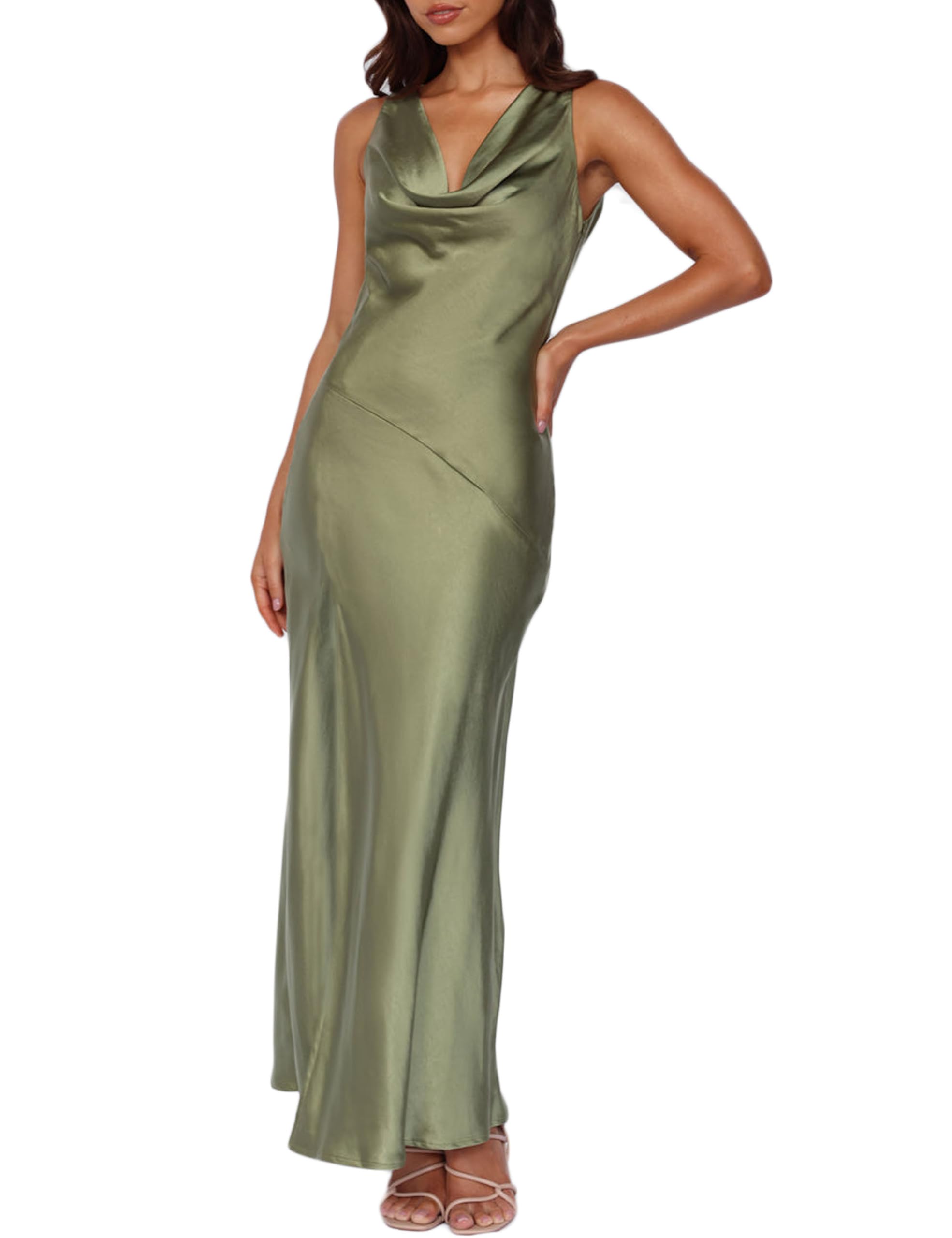 Satin Cowl Neck Sleeveless Backless Maxi Wedding