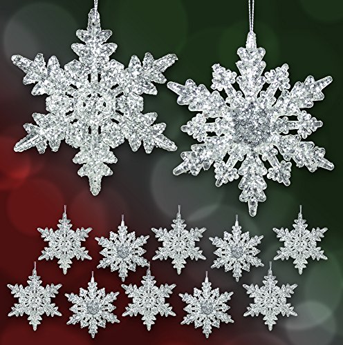 Acrylic Iridescent Snowflake Christmas Ornaments - Set of 12 Assorted Styles of Snowflakes - Clear Acrylic with Glitter - Winter Snowflake Decorations