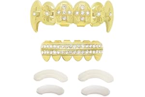 TSANLY Gold Grillz Teeth Set CZ Diamonds Grillz 24k Plated Gold Top & Bottom Grill Hip Hop Bling Iced Out Grillz For Son + Extra Molding Bars + Microfiber Cloth