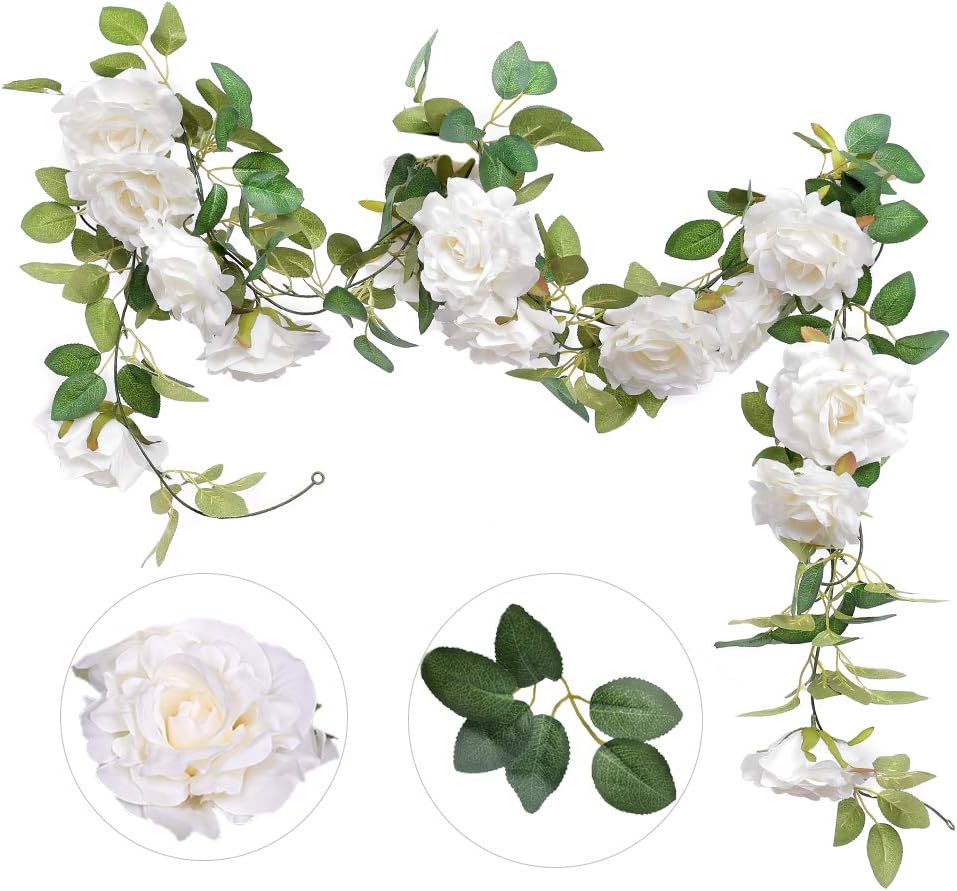 Felice Arts 2PCS(13.8FT) Artificial Rose Vine Silk Flower Garland Hanging Fake Roses Flowers Plants for Hotel Office Wedding Home Party Garden Craft Art Decor,White