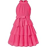 Move Dance Girls Halter Neck Dress Summer Flared A-Line Swiss Dot Chiffon Sundress 6-13 Years Old