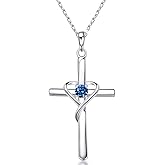 AmorAime 925 Sterling Silver Cross Necklace for Women Men 14K Gold Plated 5A CZ Birthstone Necklaces for Holiday