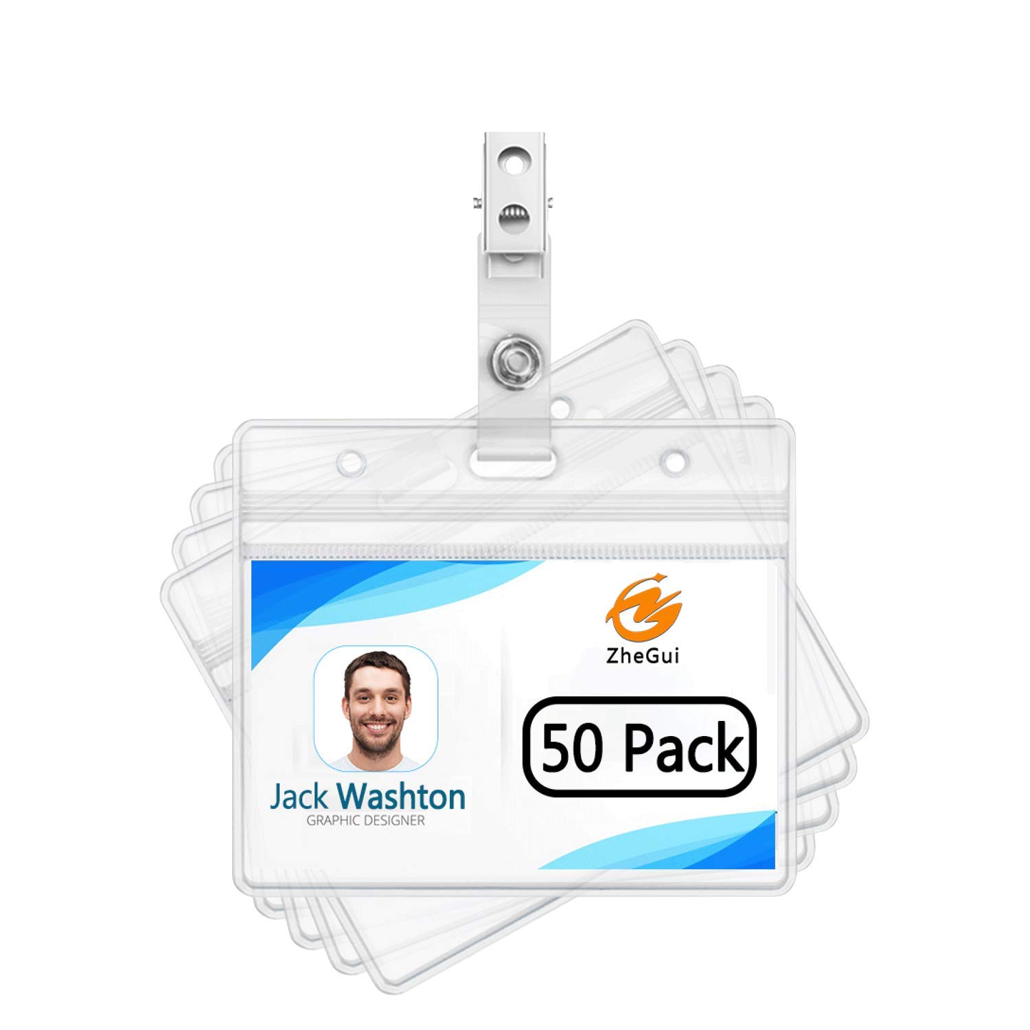 ZHEGUI ID Badge Holder with Clip Clear Plastic Name Tag Holders Horizontal Ziplock Waterproof PVC ID Card Holder with Clip Straps(50 Pack, Horizontal 2.3X3.5)