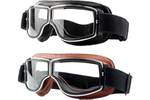 LJDJ Motorcycle Goggles,2 Pack Vintage Anti Fog Pilot PU Leather Glasses Dustproof ATV Off Road Motorbike Helmet Eyewear Protect for Ridding Motorcross Classes Aviator Goggles for Men Women Adult